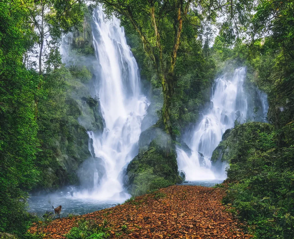 Image similar to the most beautiful panoramic 3 5 mm photography where a giant dreamy waterfall creates a river the trees around are starting and a deer