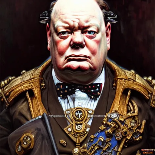 Image similar to full portrait of warhammer 4 0 k winston churchill, fantasy, d & d, intricate, detailed, by by alphonse mucha, adolfo hohenstein, alice russell glenny, stanley artgerm lau, greg rutkowski, detailed, trending on artstation, trending on artstation, smooth