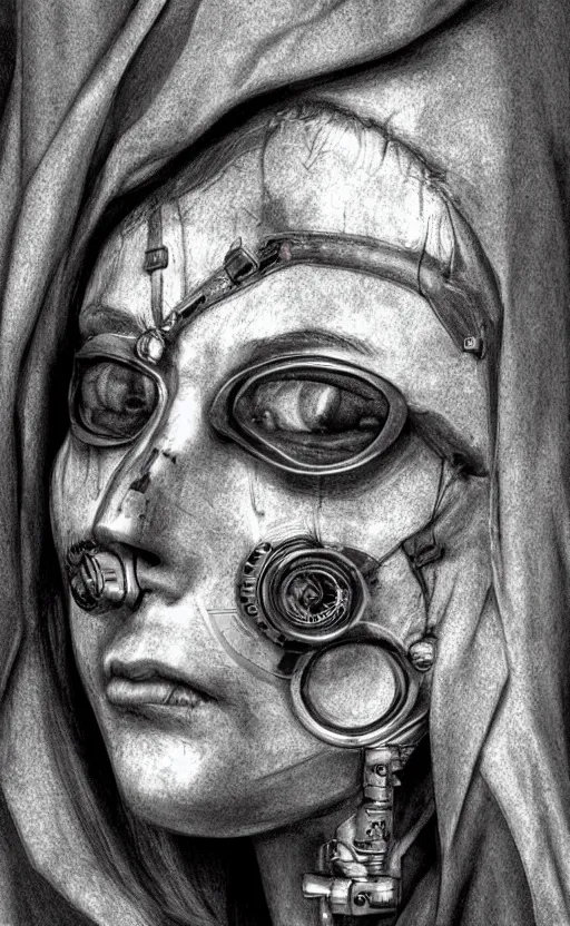 Prompt: face covered by small tools extremely detailed cyberpunk ( steampunk ), day light, realistic shaded,