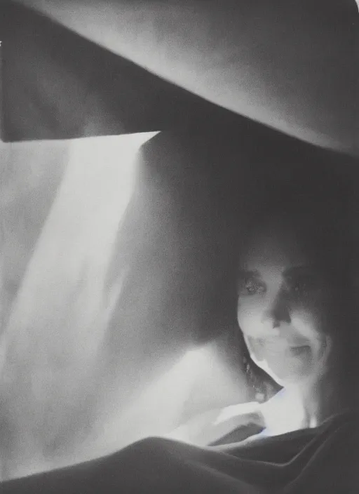 Image similar to a woman peeking out from under a blanket fort in the afternoon, flash polaroid photo by george hurrell, hazy light rays, golden hour