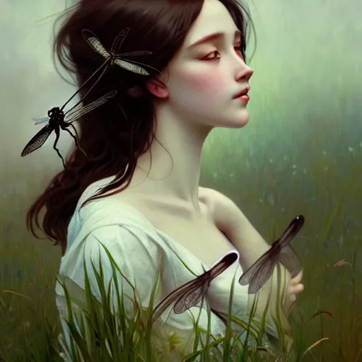 Prompt: Girl with white wings sitting in the grass with black dragonfly flying above her, face, fantasy, intricate, elegant, highly detailed, digital painting, artstation, concept art, smooth, sharp focus, illustration, art by Krenz Cushart and Artem Demura and alphonse mucha