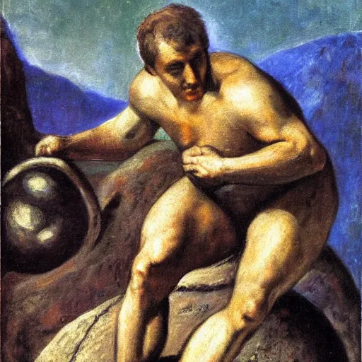 Image similar to a painting of benjamin netanyahu as sisyphus, carrying boulder, by franz stuck