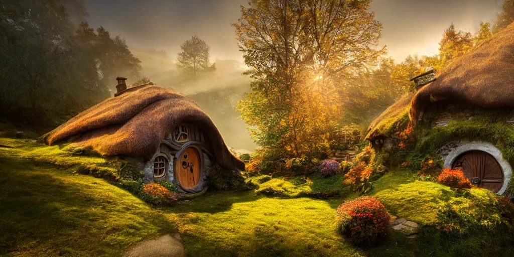 Prompt: a hobbit cottage on top of a steep hill, highly detailed, autumn sunlights, smoky atmosphere, ( ray of sunlight ), trending on artstation, photorealism, canon 5 d, 3 5 mm lens, sharp details, 8 k, ultra wide angle, zenith view, lens effect