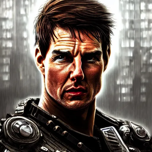 Image similar to tom cruise portrait, dystopia core, apocalyptic, armor, warrior, dramatic, sharp focus, fiction, neon, fantasy, hyper detailed, digital art, trending in artstation, cinematic lighting, studio quality, smooth render, unreal engine 5 rendered, octane rendered, art style and nixeu and wlop and krenz cushart