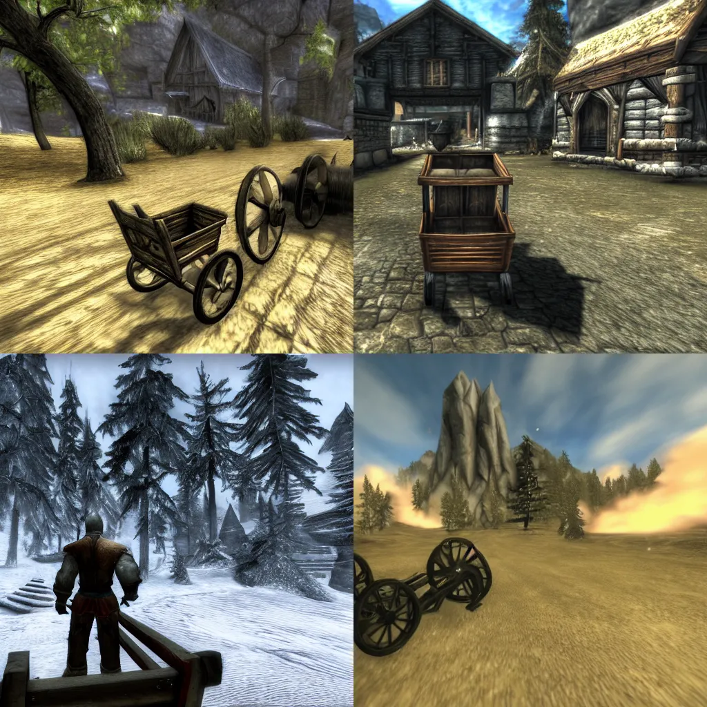 Prompt: cart, Skyrim intro, first person screenshot