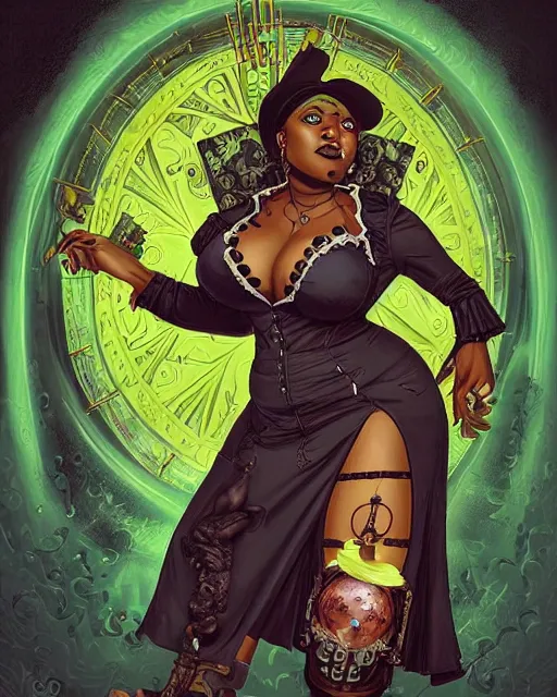 Image similar to a detailed portrait illustration of a steampunk necromancer - gambler. beautiful obese black female face, very dark skin. gorgeous green eyes. voodoo aesthetic. art nouveau, pop art, comic book style. influenced by neil gaiman, dan mumford, brian froud, kehinde wiley, killian eng, ross tran.