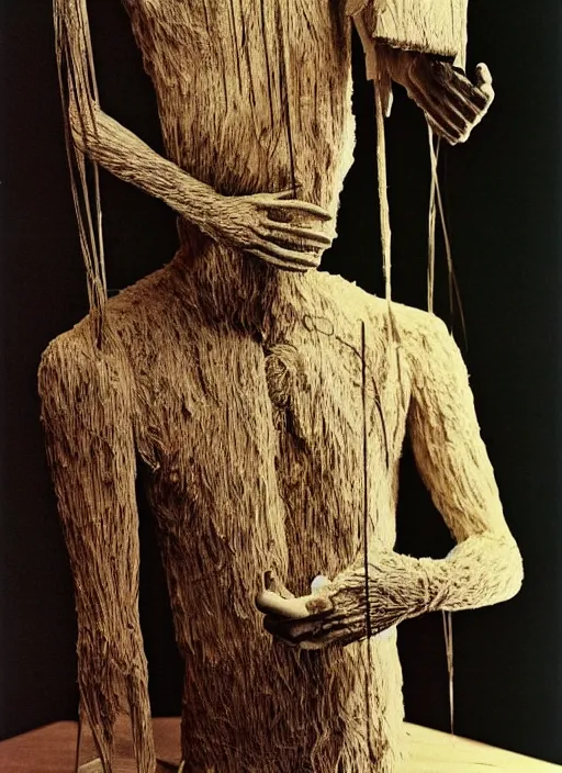 Prompt: realistic photo of a a hairy human birdman sculpture by max ernst made of white clay, in a living room sci - fi laboratory with many wooden gadgets made of wood interior is made of wood 1 9 9 0, life magazine reportage photo, natural colors