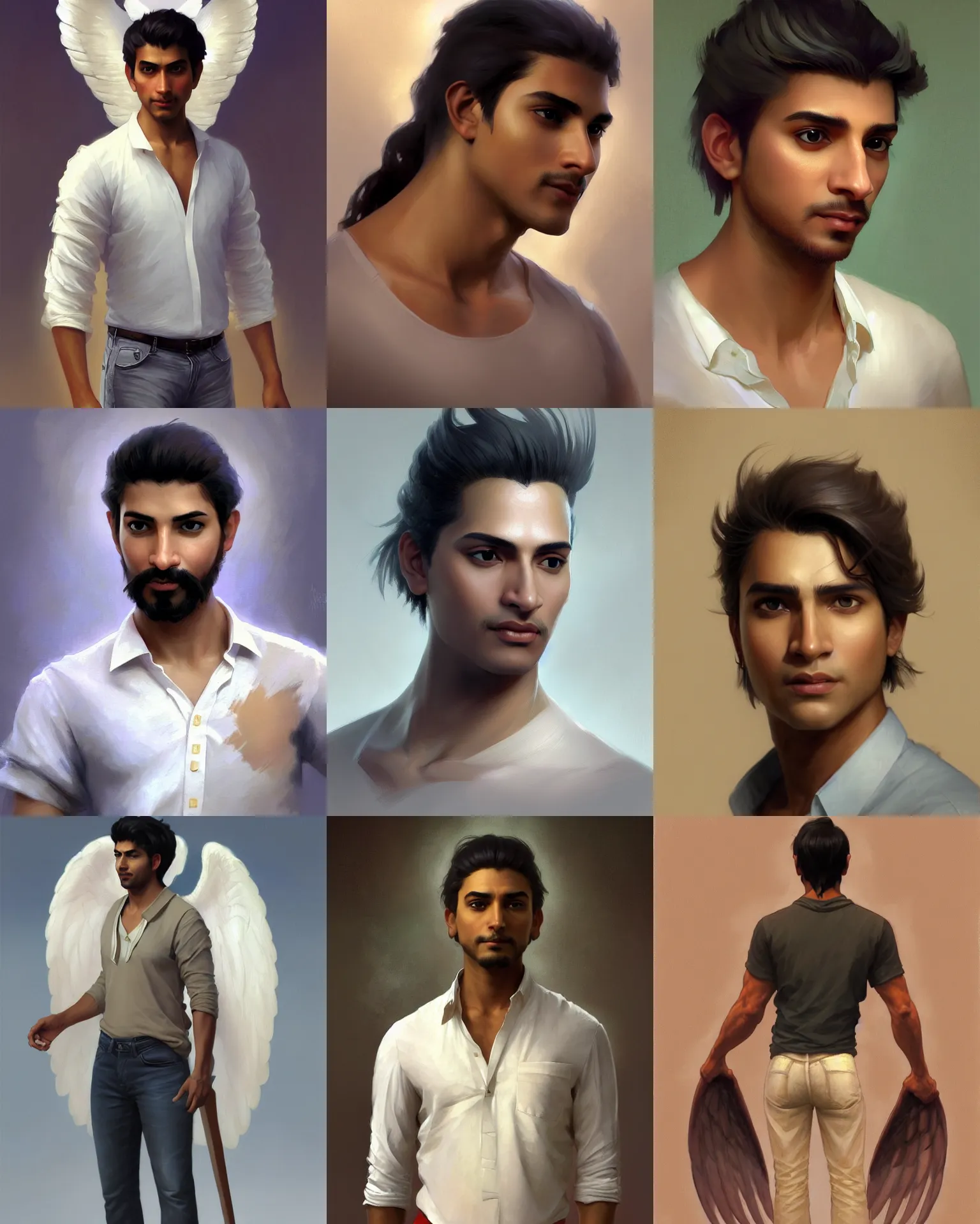 Prompt: character concept portrait of a handsome male angel, Indian ethnicity. Clean-shaven, hair in a ponytail. Shirt, jeans and barefoot. Distant full-body view. Digital painting, concept art, smooth, sharp focus, illustration, by Ruan Jia and Mandy Jurgens and Artgerm and William-Adolphe Bouguereau