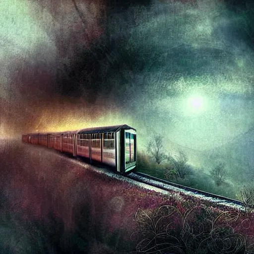 Image similar to a train filled with ethereal spirits travelling to the after life impressive scene. grainy and rough. soft colour scheme. beautiful artistic detailed digital art