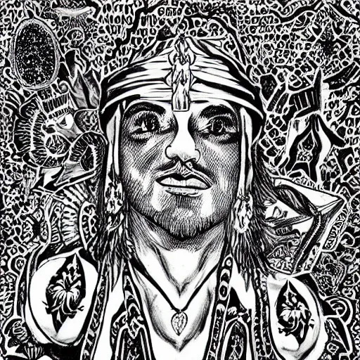 Prompt: black and white pen and ink!!!!!!! Suprani!!!!! attractive Mac Miller wearing High Royal flower print robes flaming!!!! final form flowing ritual royal!!! Cosmic battle stance Vagabond!!!!!!!! floating magic swordsman!!!! glides through a beautiful!!!!!!! Camellia!!!! Tsubaki!!! death-flower!!!! battlefield behind!!!! dramatic esoteric!!!!!! Long hair flowing dancing illustrated in high detail!!!!!!!! by Yusuke Murata and Hiroya Oku!!!!!!!!! graphic novel published on 2049 award winning!!!! full body portrait!!!!! action exposition manga panel black and white Shonen Jump issue by David Lynch eraserhead and beautiful line art Hirohiko Araki!! Tite Kubo!!!!!, Kentaro Miura!, Jojo's Bizzare Adventure!!!!