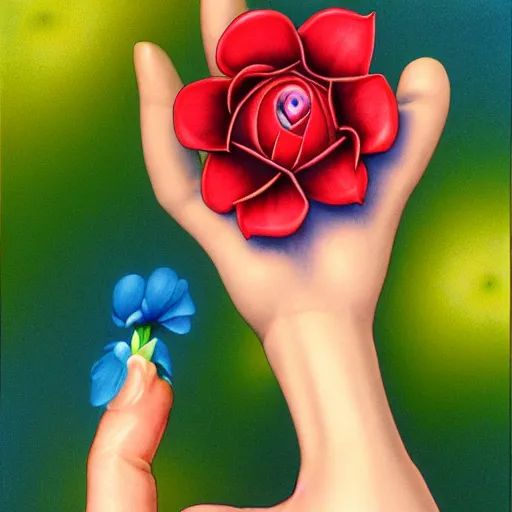 Prompt: a man's hand holding a flower, surreal, art by peter lloyd, 1 9 8 0's art, airbrush style, art by hajime sorayama,, intricate, elegant, sharp focus, illustration, highly detailed, h 8 0 0