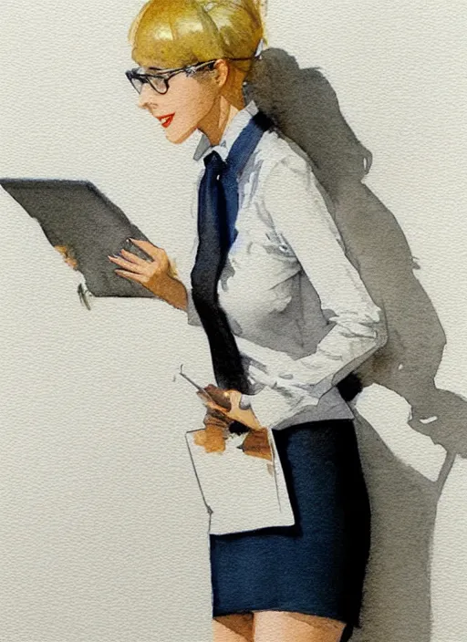 Image similar to concept art of a modern office life, young attractive business woman, pencil miniskirt, pinterest, artstation trending, behance, watercolor, by coby whitmore, silver, laser light,