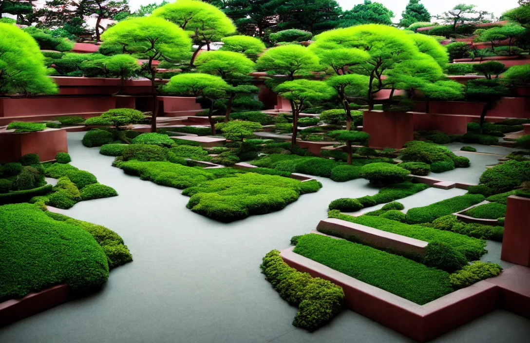 Prompt: the horizon dissolves in mists implied lines the little garden of paradise directed by kurosawa building by frank lloyd wright