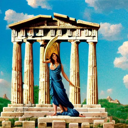 Prompt: full-body view of beatiful young greek godess in steel helmet standing on a giant Zeus head, greek temple of olympus glory island little wood bridge painting of tower ivy plant in marble late afternoon light, wispy clouds in a blue sky, by frank lloyd wright and greg rutkowski and ruan jia