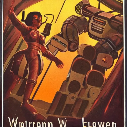 Prompt: a vintage scifi book cover of a warrior woman facing off against a gigantic robot, low perspective, detailed clouds