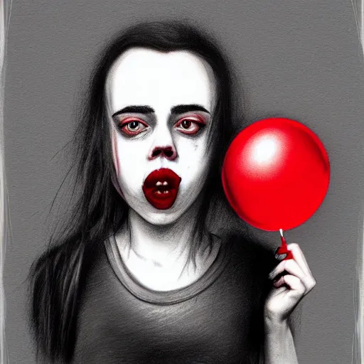 Image similar to surrealism grunge cartoon portrait sketch of billie eilish with a wide smile and a red balloon by - michael karcz, loony toons style, pennywise style, horror theme, detailed, elegant, intricate