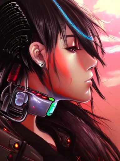 Prompt: detailed side profile anime painting of a black cyber punk girl, realistic, artstation, digital painting, in the style fo jisu, ayami kojima, artem demura