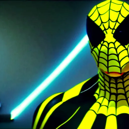 Image similar to black and yellow futuristic depiction of spiderman, large eyes, white webbing, movie still from star wars