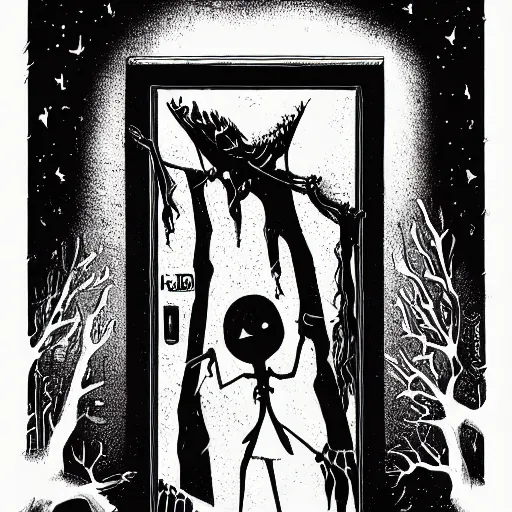 Prompt: the door beyon the void by tim doyle and chris leib, from nightmare before christmas | detailed | elegant | trending on artstation