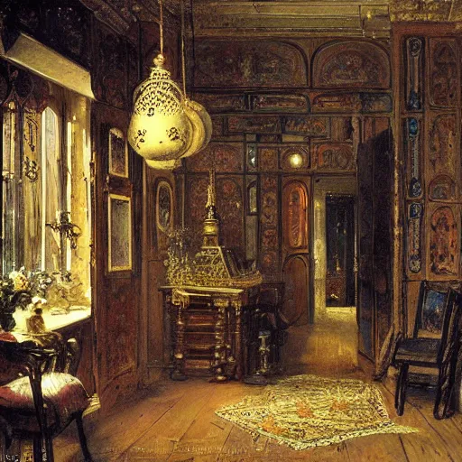 Prompt: detailed painting of a victorian living capsule architecture, filigree ornaments, andreas achenbach