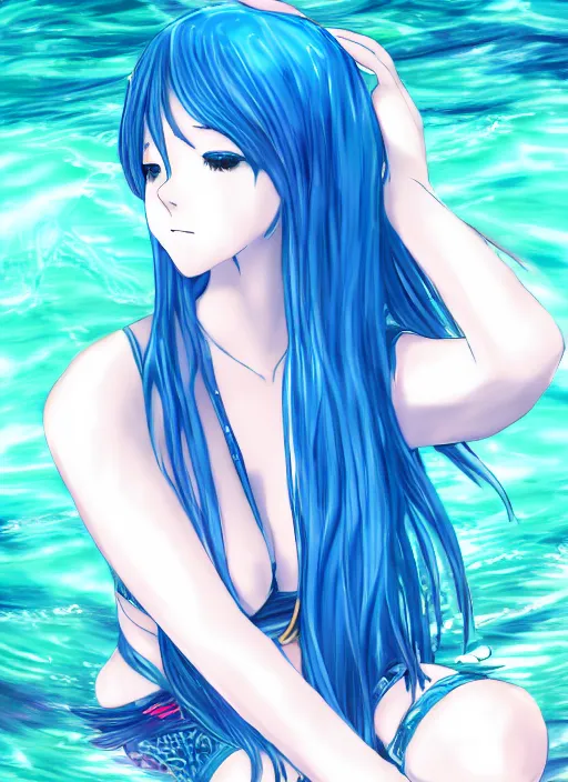 Image similar to a woman with blue hair sitting in the water, an anime drawing by yuumei, featured on pixiv, rayonism, pixiv, seapunk, anime