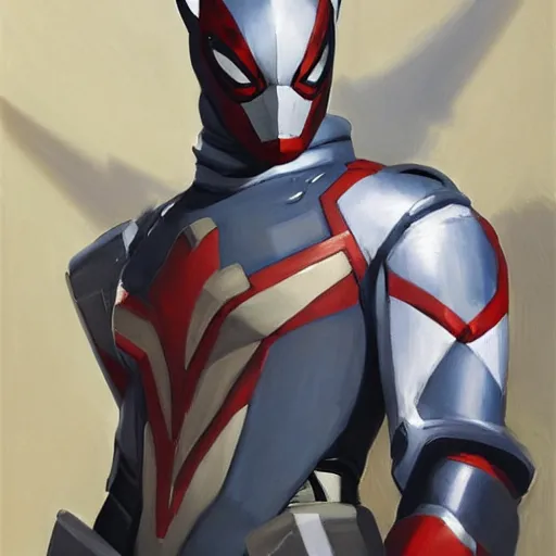 Image similar to greg manchess portrait painting of armored spiderman ultraman grey fox from metal gear cyborg gay japanese - american hybrid as overwatch character, medium shot, asymmetrical, profile picture, organic painting, sunny day, matte painting, bold shapes, hard edges, street art, trending on artstation, by huang guangjian and ail elvgren and sachin teng