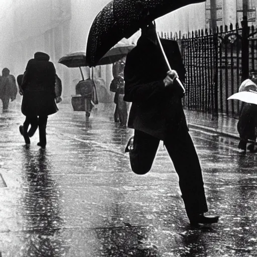 Image similar to the man leaping with an umbrella in a raining paris street, by henri cartier bresson,