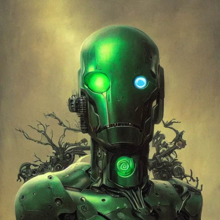 Prompt: portrait of a green Ultron from Age of Ultron, clockwork steampunk, head and chest only, by Beksinski, 4k, deviantart, trending on artstation