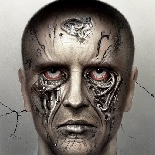 Image similar to surreal portrait of a man by Greg Rutkowski and H.R Giger, cyborg of indeterminate age, symmetrical, bald, haunting appearance, pale as marble, biomechanical and intricate, empty and uncany expression, cosmic void background, frightening, fascinating, highly detailed portrait, digital painting, artstation, concept art, smooth, sharp foccus ilustration, Artstation HQ.