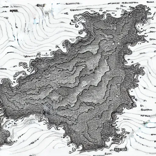 Image similar to topographical map of a fantasy world, drawing, monsters