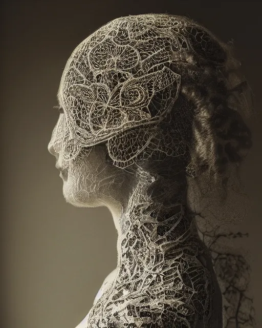 Prompt: a woman's face in profile, made of intricate decorative lace leaf skeleton, in the style of the dutch masters and gregory crewdson, dark and moody