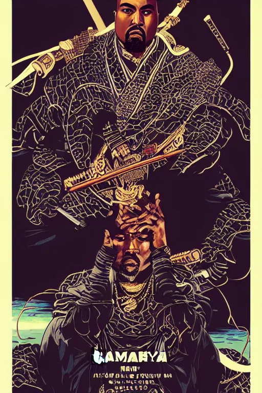 Image similar to poster of kanye west as a samurai, by yoichi hatakenaka, masamune shirow, josan gonzales and dan mumford, ayami kojima, takato yamamoto, barclay shaw, karol bak, yukito kishiro, highly detailed