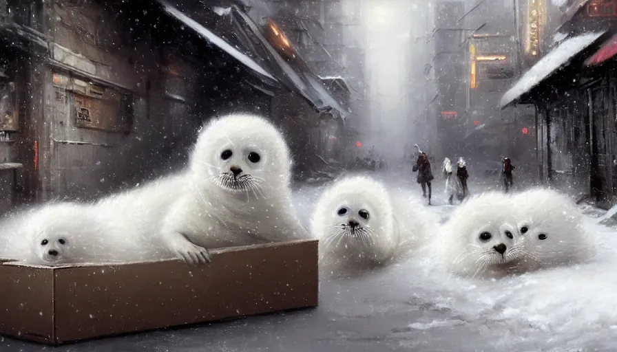 Prompt: highly detailed painting of cute furry white baby seals cuddled up in a cardboard box in a snowy dystopian cyberpunk street by william turner, by greg rutkowski, by william constable, thick brush strokes and visible paint layers, 4 k resolution, retrowave colour scheme