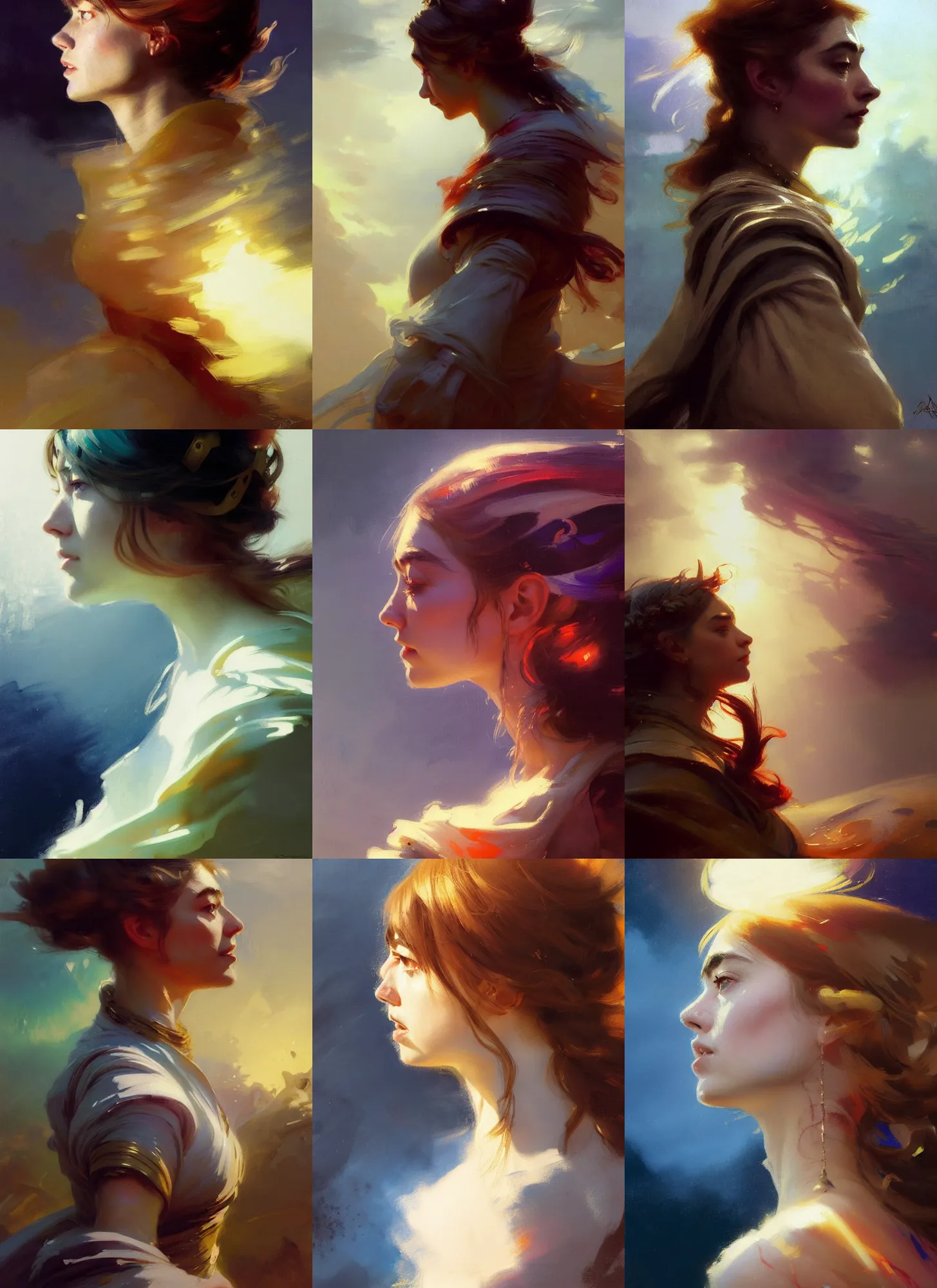 Prompt: side profile cenetered painted portrait by anders zorn, imogen poots as a paladin, gloomhaven, dota, cinematic light, swirly vibrant color lines ripples, guady colors, aesthetic wonderful masterpiece by greg rutkowski, american romanticism by greg manchess, jessica rossier, ilya kuvshinov