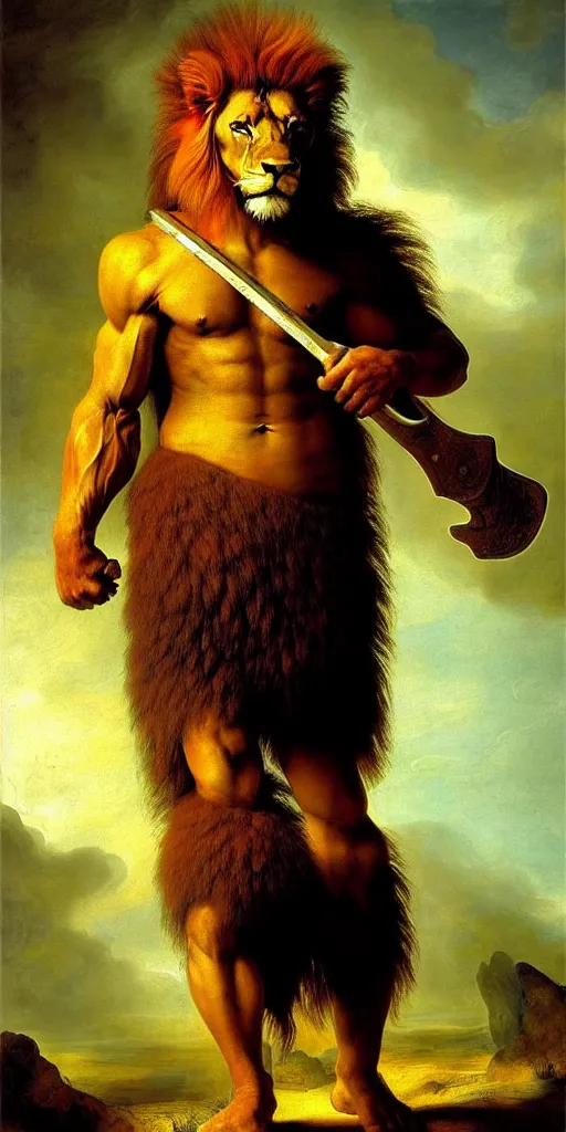 Prompt: oversized muscular lion barbarian hunter full human body in portrait powerful pose and strong shiny backlight of sun rays , red explosion in cyan background , very textured detailed oil painting by rembrandt , hard backlight , in dark cave