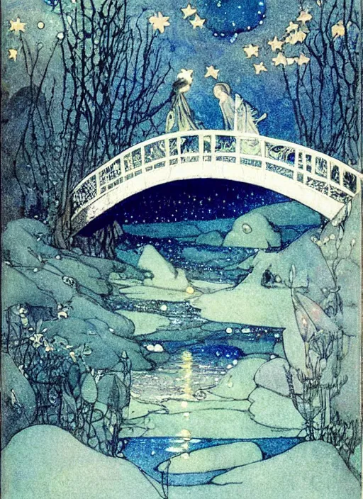 Image similar to an crystal bridge crosses a river flowing with stars, highly detailed, aesthetics, by edmund dulac