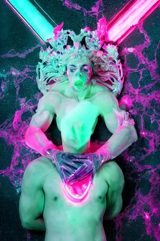 Prompt: photo of fullbody rococo and cyberpunk delicate neon crystalline sculpture of handsome muscular onyx albino marble prince joe jonas as an mint iridescent humanoid deity wearing pink plastic hooded cloak holding an onyx skull in a onyx space dungeon, reclining, glowing yellow face, crown of white diamonds, cinematic lighting, photorealistic, octane render, 8 k, depth of field, 3 d