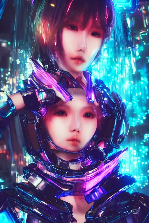 Image similar to a highly detailed portrait of a kpop idol mecha lady in spiked cyberpunk bioarmor trending on artstation by yoshitake amano, holographic undertones, octane rendered, highly saturated colors, futuristic, 2 k aesthetic, dramatic lighting, 4 k