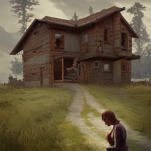 Image similar to woman leaving her wooden broken house by simon stålenhag, very highly detailed, award winning, rendered by Beeple, by Makoto Shinkai, syd meade, starwars, space art concept, digital art, unreal engine, blender, WLOP, trending on artstation, 4K UHD image, octane render