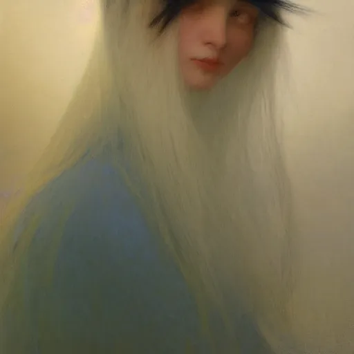 Image similar to a young woman's face, her hair is silver and she wears a cobalt blue satin cloak, by ivan aivazovsky and syd mead and moebius and gaston bussiere and roger dean and pieter claesz and paul delaroche and alma tadema and aelbert cuyp and willem claesz, hyperrealistic, volumetric light, octane render