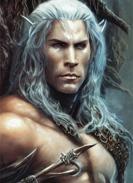 Image similar to a fantasy comic book style portrait of drizzt do'urden, oil painting by boris vallejo and julie bell and luis royo, full body portrait, hyper realistic, hd, intricate, elegant, character design, concept art, cinematic lighting