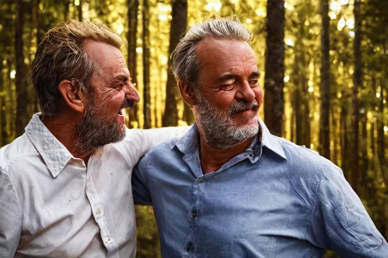 Image similar to a cinematic portrait of a middle aged man with golden teeth, forest background, wearing a white rugged shirt, dramatic lighting, back light, hair light, rim light, 4 k, ultra realistic, by clemens ascher