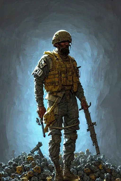 Prompt: a distant shot of a Modern Warfare soldier with blue and yellow uniform standing alone on a pile of skulls as a winner, masculine figure, D&D, fantasy, intricate, elegant, highly detailed, extremely detailed, digital painting, artstation, concept art, matte, sharp focus, symmetrical, illustration, art by Artgerm and Greg Rutkowski and Alphonse Mucha