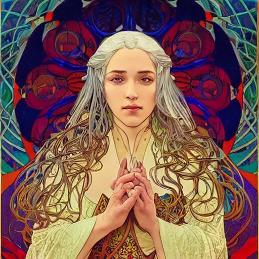 Image similar to lyanna stark and rhaegar targaryen bright colorful, zen, minimalist, sunny environment, highly detailed, realistic, up close shot shinji aramaki, karol bak, alphonse mucha