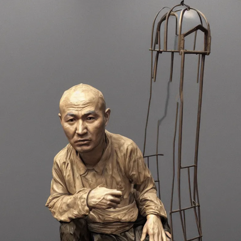Image similar to hyperrealistic sculpture of a bronze uyghur prisoner in a cage made of low poly acrylic on a pedestal by ron mueck and duane hanson and lee bontecou, hyperrealistic dramatic colored lighting trending on artstation 8 k