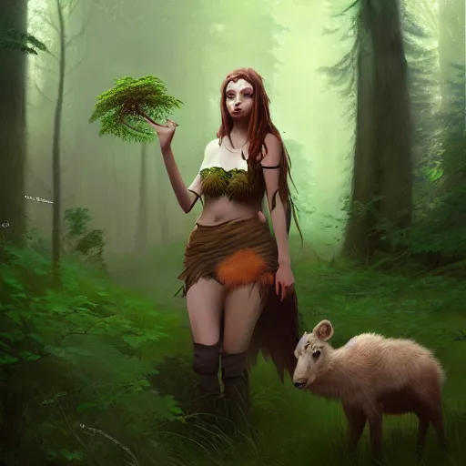 Image similar to a pretty female druid surrounded by forest animals, in the woods, hyper realistic, digital painting, photorealistic, in the style of greg rutkowski, highly detailed