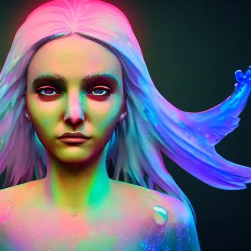 Image similar to angel spirit guide, cartoon portrait made out of rain, realistic, highly detailed, neon, rendered in octane, unreal engine, beautiful, trending on artstation,