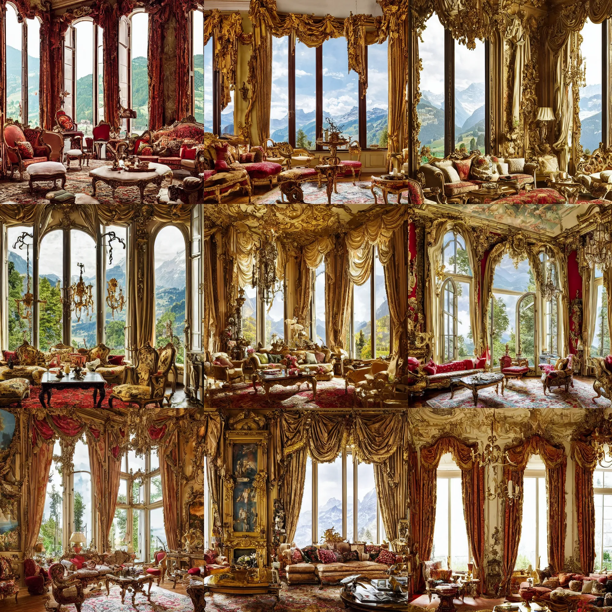 Prompt: photo of a fantastical baroque living room with switzerland landscape in the window in the style of maximalism