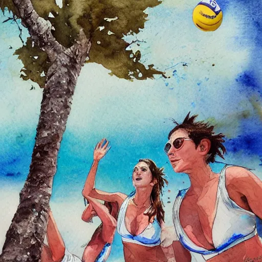 Image similar to on jupiter's moon, beach volleyball babes, botanic watercolors, iridescent, 8 k wide angle, realistic shaded, fine details, artstation, italian, oak tree, hydrangea, fun, party atmosphere