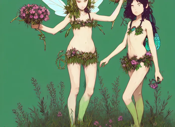Image similar to two cute fairy girls with crown of flowers in plants bikini covered with celtic rune tattoos, fantasy, by atey ghailan, by greg rutkowski, by greg tocchini, by james gilleard, by joe gb fenton, by in kaethe butcher, dynamic lighting, gradient light green, brown, blonde cream and white color in scheme, grunge aesthetic